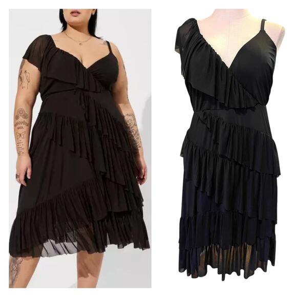 Torrid 2 (2X 18/20) Black Midi Mesh Ruffle Busty Surplice Cocktail Party Dress - Picture 1 of 3